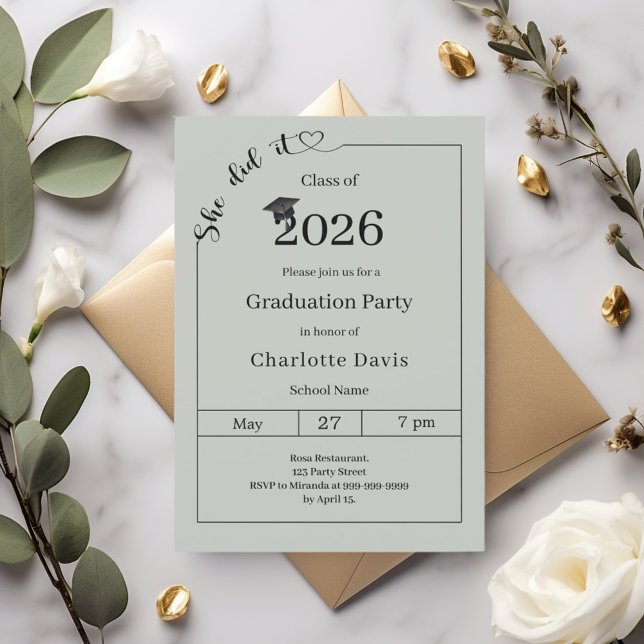 Graduation party sage green She did it Invitation (Creator Uploaded)