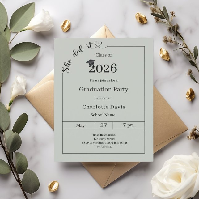 Graduation party Sage Green She did it invitation (Creator Uploaded)