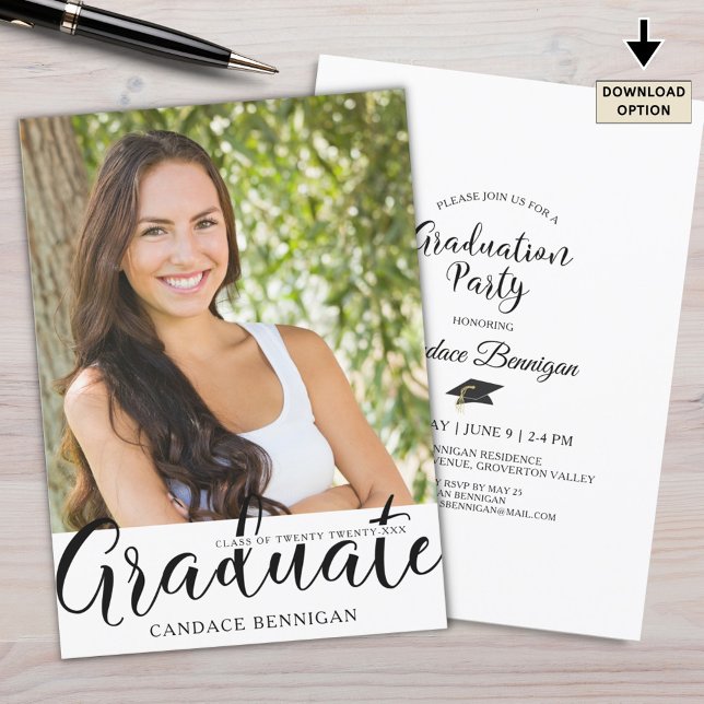 Graduation Party Script Graduate Photo Black White Invitation (Creator Uploaded)