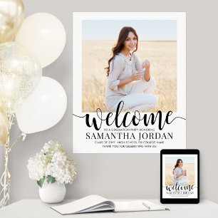Graduation Party Script Welcome Modern Photo White Poster