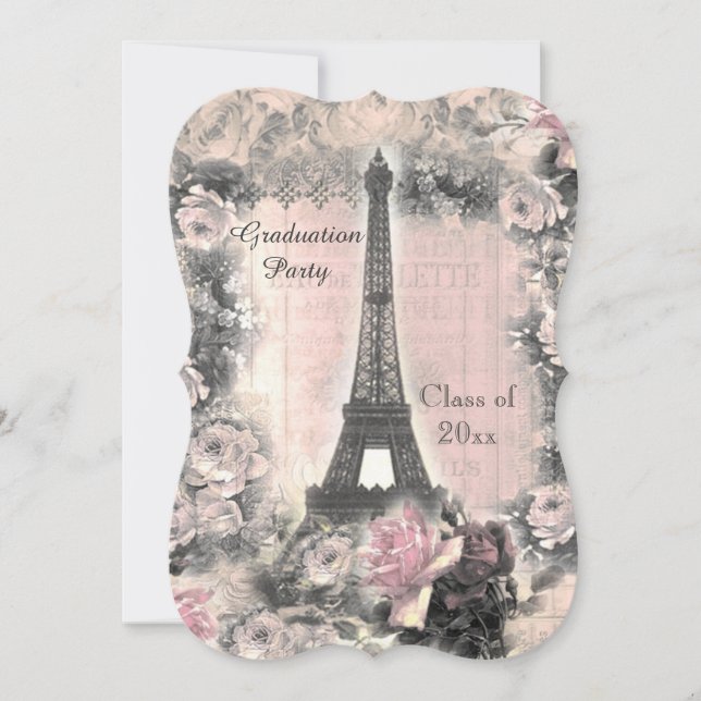 Graduation Party Shabby Chic Eiffel Tower & Roses Invitation (Front)