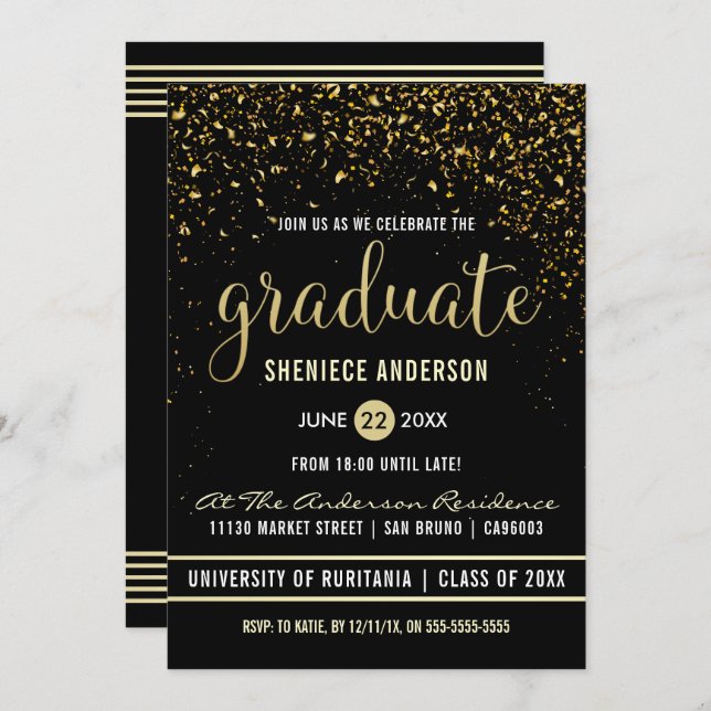 Graduation Party | Shimmering Gold Confetti Invitation (Front/Back)