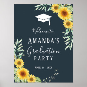 Graduation party sign sunflowers navy blue