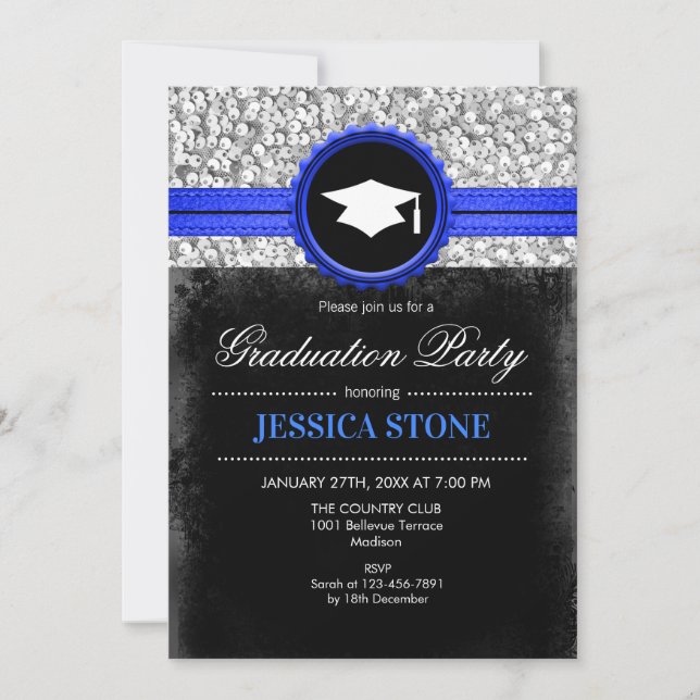 Graduation Party - Silver Black Royal Blue Invitation (Front)