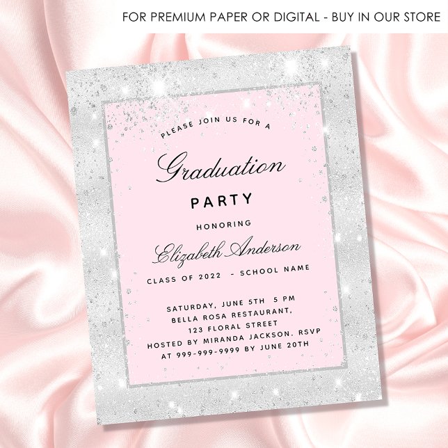 Graduation party silver blush glitter dust elegant invitation postcard (Creator Uploaded)