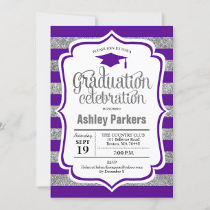 Graduation Party - Silver Purple Stripes Invitation