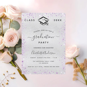 Graduation party silver violet glitter invitation