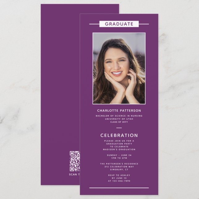 Graduation Party Simple Modern Photo QR Code Invitation (Front/Back)