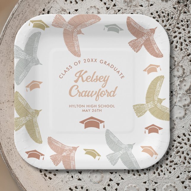 Graduation Party Soaring Boho Birds and Caps  Paper Plate (Creator Uploaded)