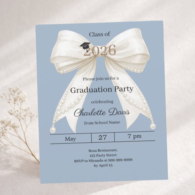 Graduation party steel blue ivory bow invitation (Creator Uploaded)