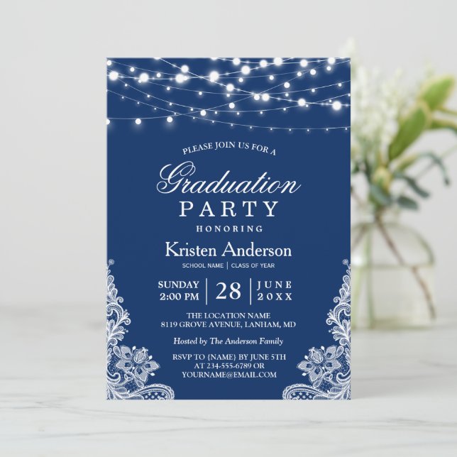 Graduation Party String Lights Lace Navy Blue Invitation (Standing Front)