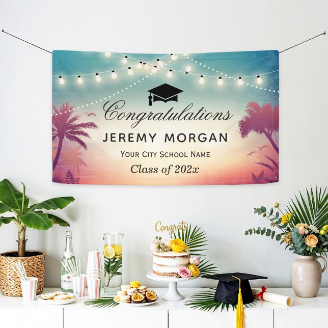 Graduation Party String Lights Summer Palm Trees Banner (Creator Uploaded)