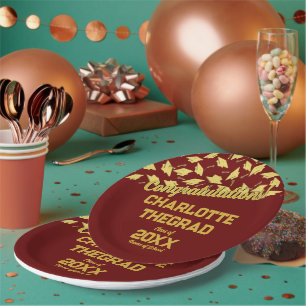 Graduation Party Supplies Personalised Maroon Gold Paper Plate
