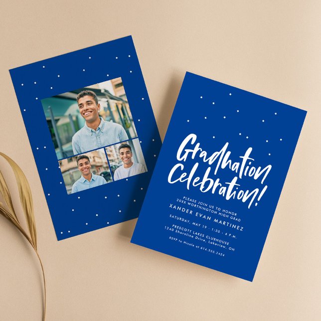 Graduation party three photo fun blue confetti invitation (Creator Uploaded)