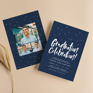 Graduation party three photo fun navy confetti invitation