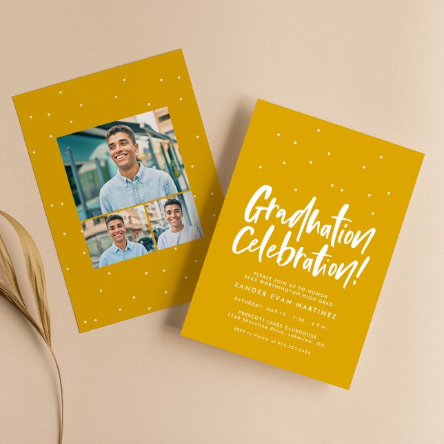 Graduation party three photo gold yellow confetti invitation (Creator Uploaded)
