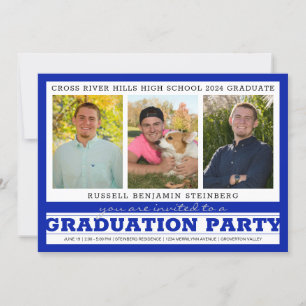 Graduation Party Three Photos Royal Blue & Silver Invitation