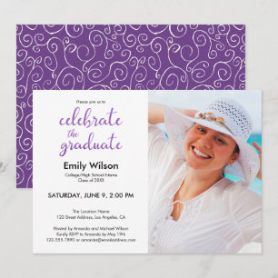 Graduation Party Violet Script Pattern Photo Invitation