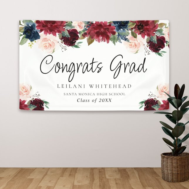 Graduation Party Watercolor Burgundy Floral Banner (Creator Uploaded)