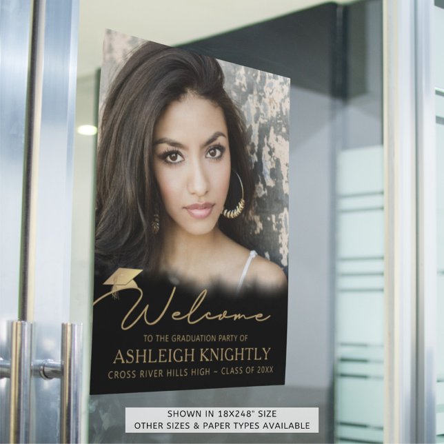 Graduation Party Welcome Photo Black Gold Script Poster (Creator Uploaded)