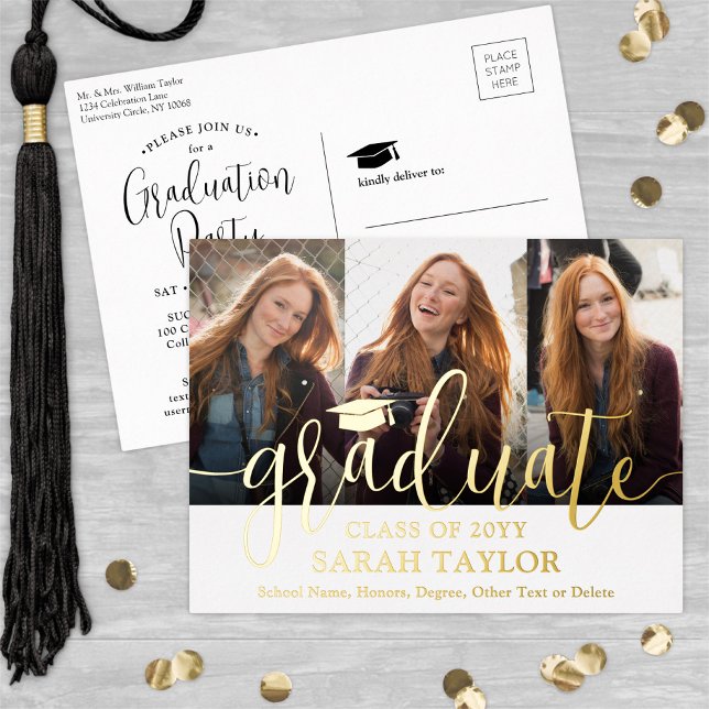 Graduation Party White 3 Photo Modern Script Foil Invitation Postcard (Creator Uploaded)