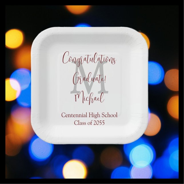 Graduation Party White Grey Burgundy Name Monogram Paper Plate (Creator Uploaded)