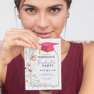 Graduation Party WildFlowers Pink Grad Hat Invitation