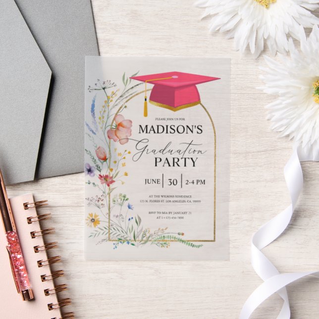 Graduation Party WildFlowers Pink Grad Hat Vellum Invitations (Wedding)