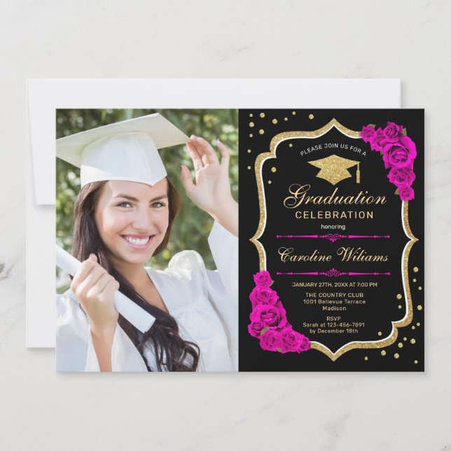 Graduation Party With Photo - Black Gold Hot Pink Invitation (Front)