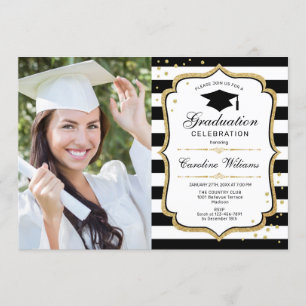 Graduation Party With Photo - Black White Gold Invitation