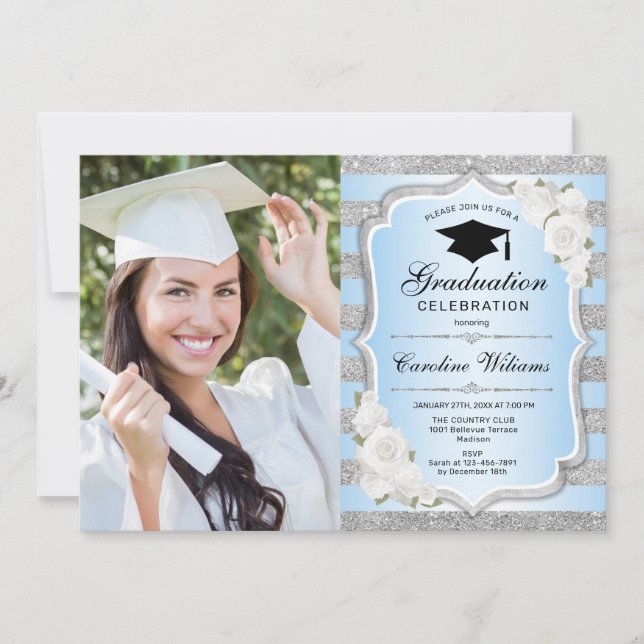 Graduation Party With Photo - Blue Silver Invitation (Front)