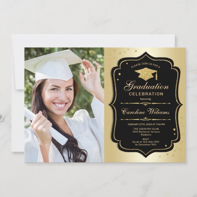 Graduation Party With Photo - Gold Black Invitation (Front)