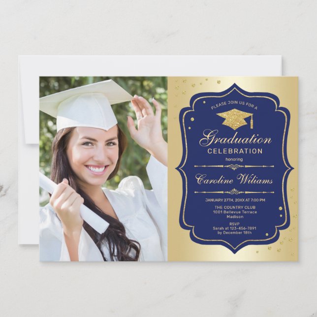 Graduation Party With Photo - Gold Navy Invitation (Front)