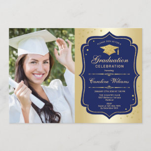 Graduation Party With Photo - Gold Navy Invitation