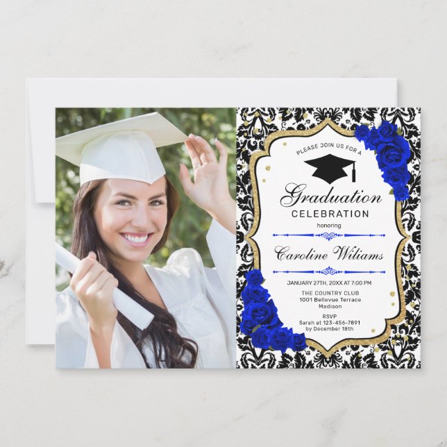 Graduation Party With Photo - Gold Royal Blue Invitation (Front)