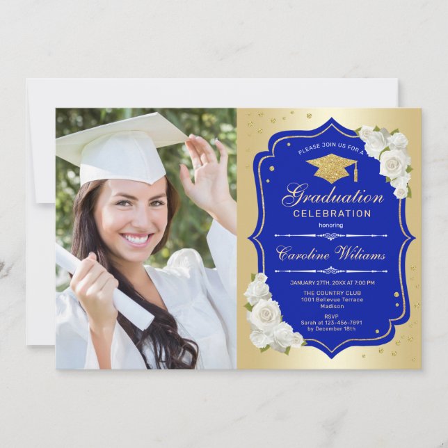 Graduation Party With Photo - Gold Royal Blue Invitation (Front)