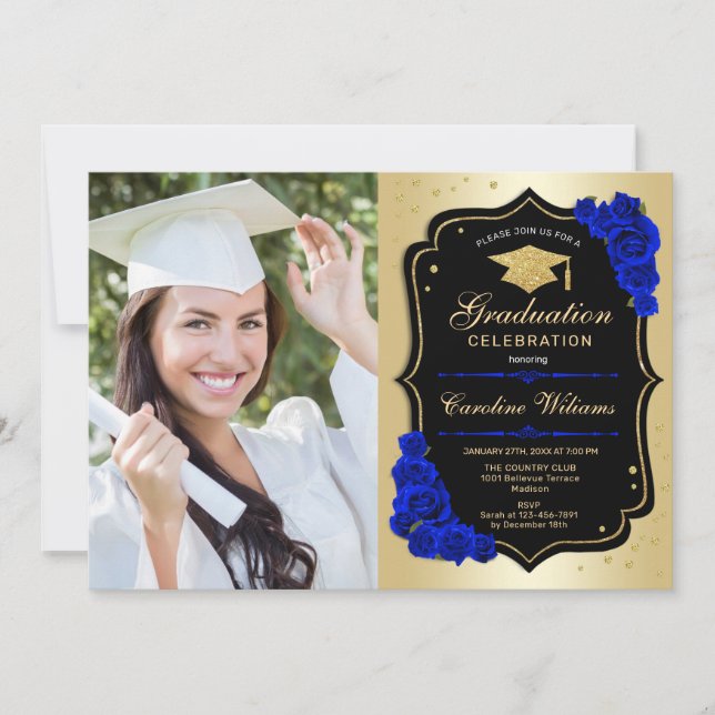 Graduation Party With Photo - Gold Royal Blue Invitation (Front)