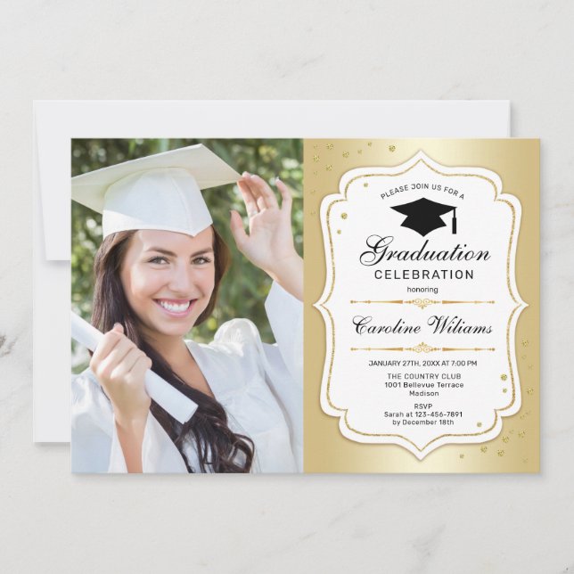 Graduation Party With Photo - Gold White Invitation (Front)
