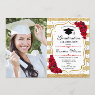 Graduation Party With Photo - Gold White Red Invitation