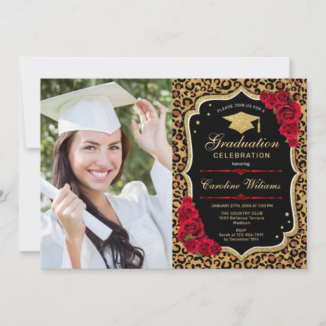 Graduation Party With Photo - Red Leopard Print Invitation (Front)