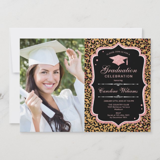 Graduation Party With Photo - Rose Gold Leopard Invitation (Front)