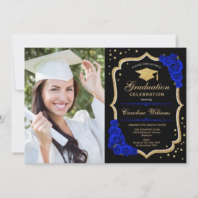 Graduation Party With Photo - Royal Blue Gold Invitation (Front)