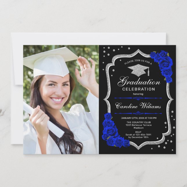 Graduation Party With Photo - Royal Blue Silver Invitation (Front)
