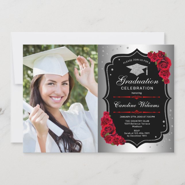 Graduation Party With Photo - Silver Black Red Invitation (Front)