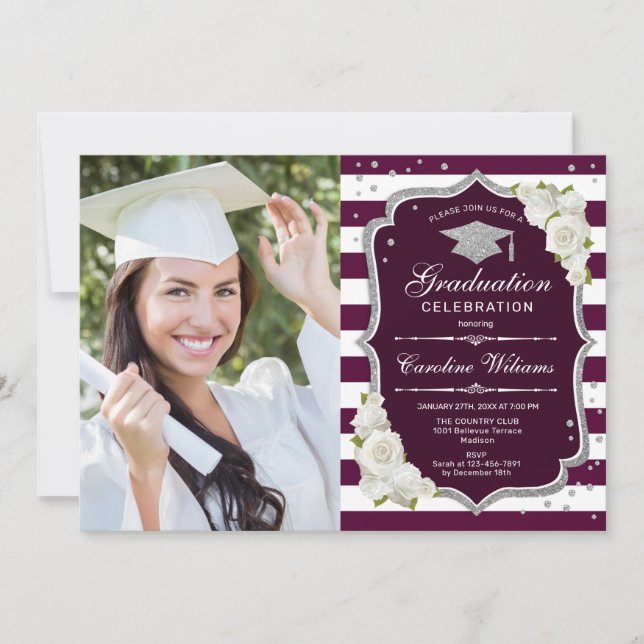Graduation Party With Photo - Silver Burgundy Invitation (Front)