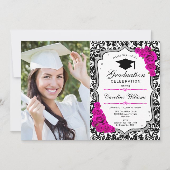 Graduation Party With Photo - Silver Pink White Invitation (Front)
