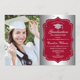 Graduation Party With Photo - Silver Red Invitation