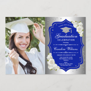 Graduation Party With Photo - Silver Royal Blue Invitation