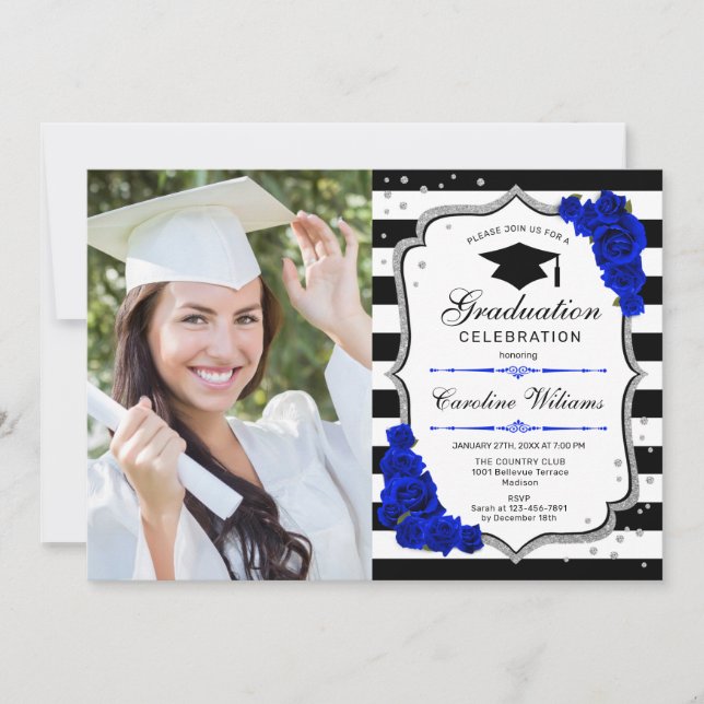 Graduation Party With Photo - Silver Royal Blue Invitation (Front)