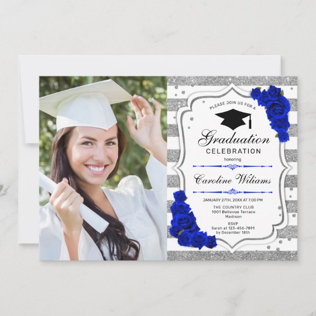 Graduation Party With Photo - Silver Royal Blue Invitation (Front)
